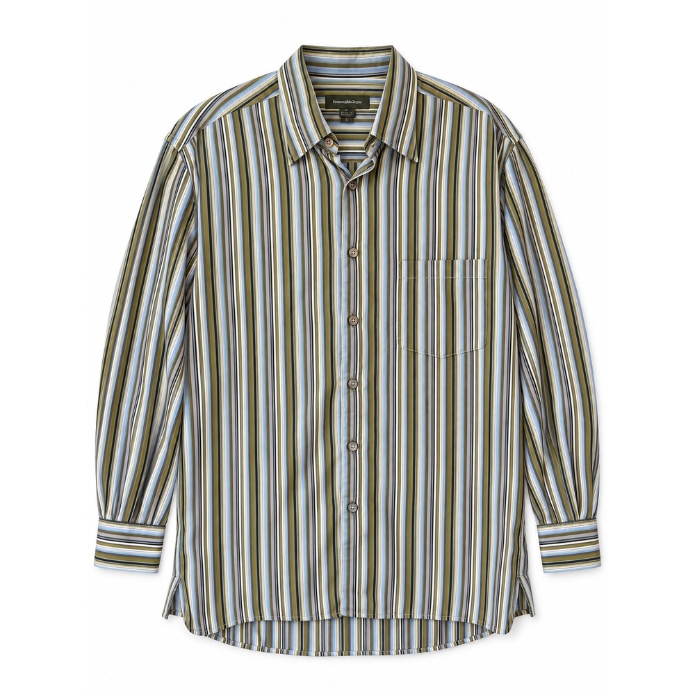Ermenegildo Zegna Mens XL Long Sleeve Button Down Shirt Striped Cotton Olive